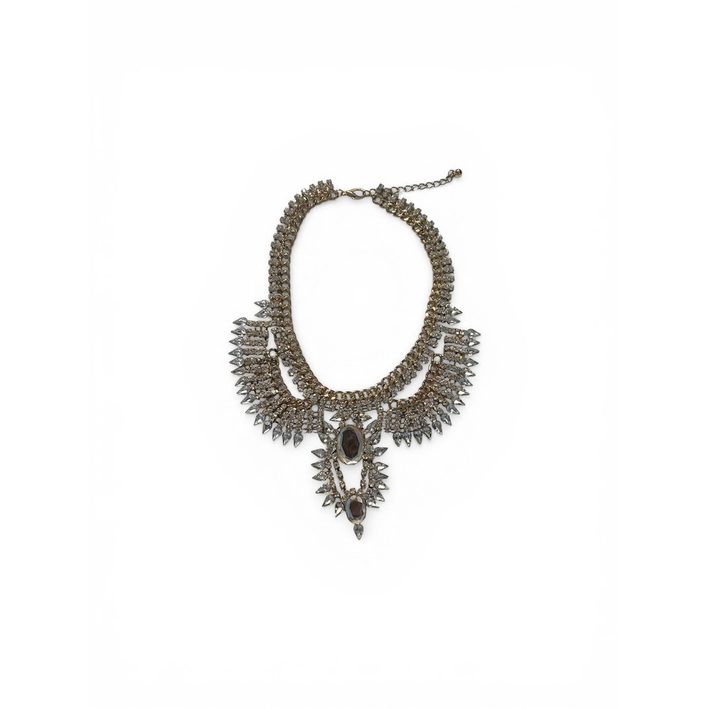Gold Tone Rhinestone Statement Bib Necklace Clear Crystal Fringe Multi Tiered
